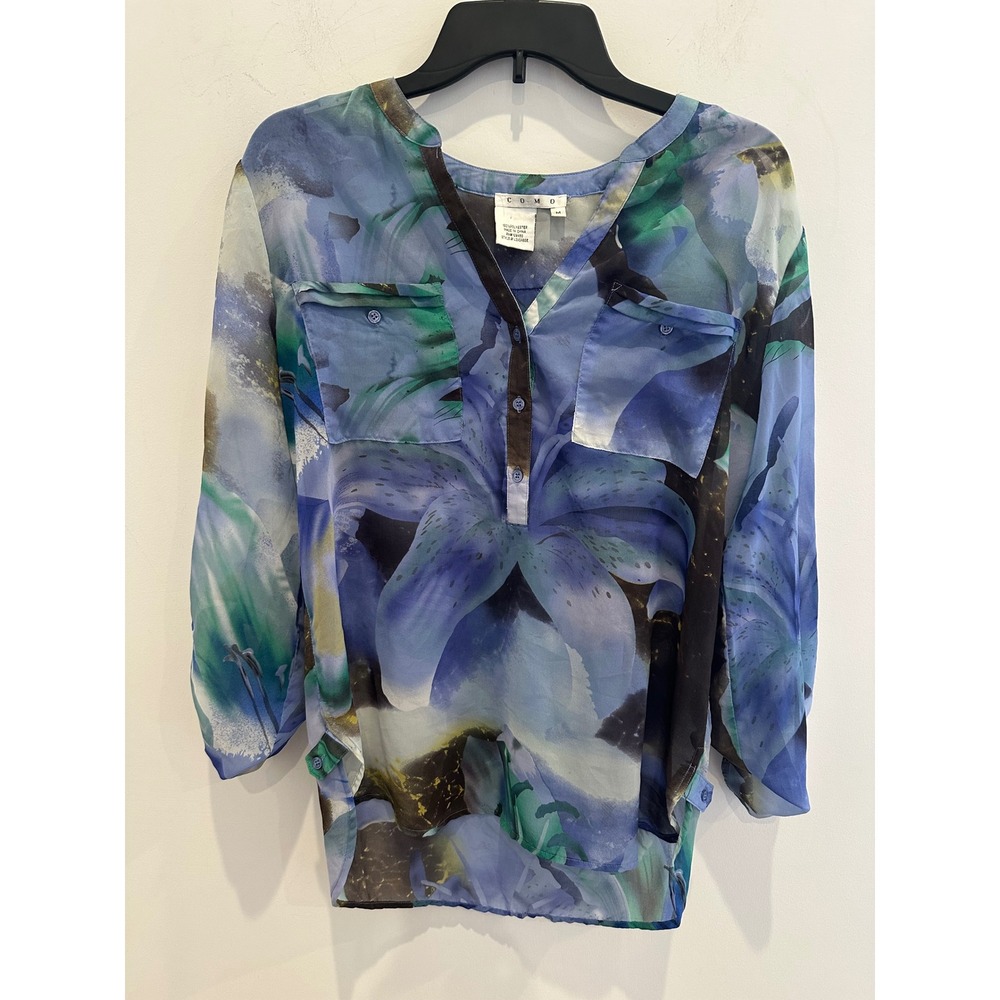 COMO Blue Green Floral Lily Chiffon lightweight Roll Tab Sleeve Blouse Medium